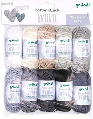 Gründl Wolle Cotton Quick Mini Shades - dünne Wolle zum Häkeln von kleinen Figuren - Glänzend und hautfreundlich - 100% Baumwolle - 10 Miniknäuel 15 g / 37 m - Nadelstärke 3-4 - grau