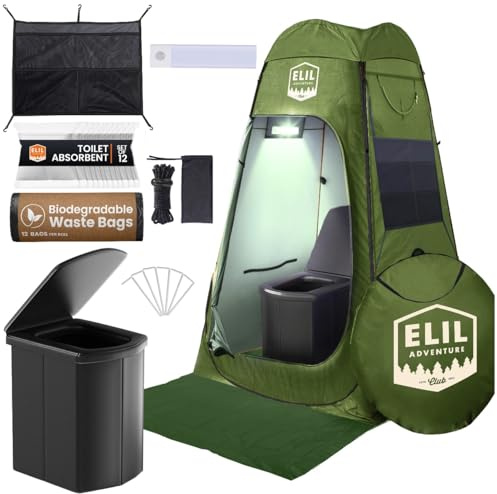 Tente de Douche Camping avec Lampe LED Capteur – 190 cm Hauteur x 150 cm Largeur – Cabine Pop Up Pliante avec Toilette Portable, Tapis de Sol, Sac de Transport, Sacs Biodégradables et Poudre Chimique