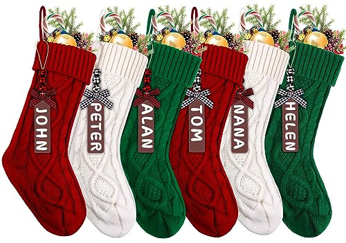 XIMISHOP 6PACK Christmas Stockings,18Inches Large Cable Knitted Stocking Personalized Xmas Hanging Stocking Decorations with Name Tags for Holiday Christmas Party Family Decor (Red White Green)