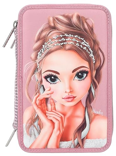 Depesche 12522 TOPModel Glitter Queen - Gefüllte 3-Fach Federtasche mit Glitzersteinen auf der Front und verziertem Rücken, Federmäppchen mit Buntstiften, Lineal, Schere uvm.