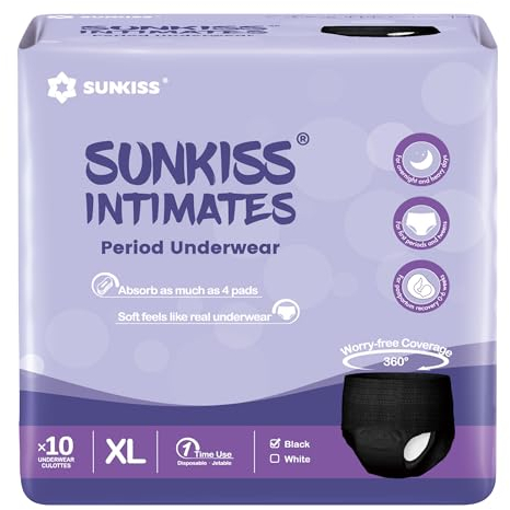 SUNKISS INTIMATES Einweg-Menstruationshöschen für Frauen mit starker Blutung, Unparfümierte Wochenbett Unterwäsche, Schwarz, Größe XL, 10 Stück
