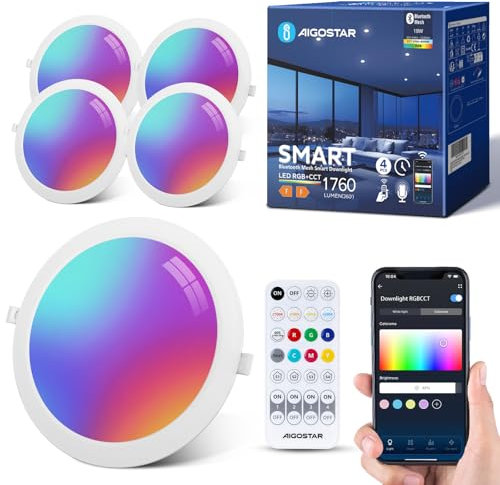 Aigostar Einbauleuchte Intelligente 18W LED Downlight Bluethooth Mesh, Dimmbar Deckenleuchtet Spot mit Fernbedienung Kompatibel mit Alexa, 1760LM RGB, Weißes Licht 2700K-6500K, Ф200-220mm,4 Stück