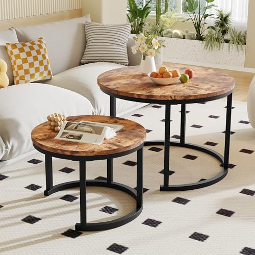 HOMERECOMMEND Couchtisch Rund 2er Set Nistbeistelltisch für Wohnzimmer,Moderne Couch Tisch mit Schwarz Metallgestell, Couchtisch Eiche, Couchtische Rund,Rustikales Braun