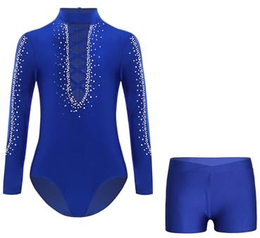 Hedmy Kinder Turnanzug Jungen Gymnastikanzug Langarm Trikot Tanzbody mit Kurz Hose Gymnastik Wettbewerb Dancewear Blau 170
