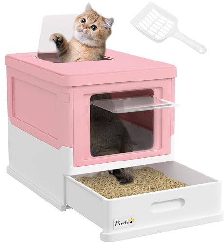 PawHut Arenero para Gatos, Caja de Arena para Gatos Plegable, con Bandeja Extraíble, Tapa, Pala, Fácil de Limpiar, Control de Olores, Antichapotones, para Raza Pequeña y Mediana, Rosa y Blanco