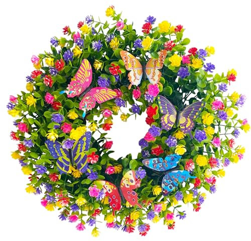 Eucalyptus Wreath for Front Door, Spring Summer Colorful Flowers Wreath, Lifelike Artificial Door Wreath Decoration for Farmhouse Wall Window Garden Farmhouse Décor (With Butterflies, 43CM)