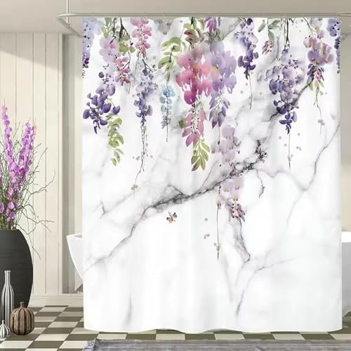 Cortina de ducha con flores de glicinia, blanco, mármol, morado, malva, floral, elegancia rústica, poliéster, divisor para bañera, 100 x 150 cm, lavable