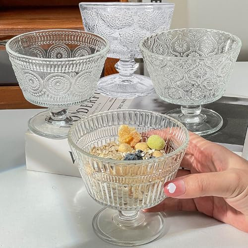 QSLKI 4PCS Cuencos De Postre Con Pie, Copa Helado Postre Cristal Vasos, Retro Transparente Ice Cream Bowls, 260ml, Sin Plomo, Cuencos De Postre De Vidrio Para Uso En Casa, Restaurante (Estilo 2)