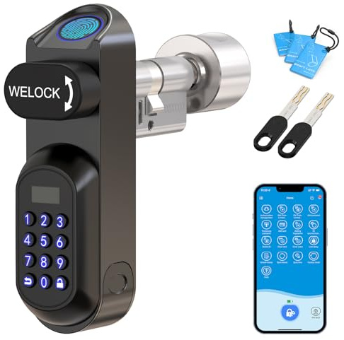 WELOCK U81 Fingerprint Door Lock,6-in-1 Weatherproof Biometrics Smart Lock,Security Keyless Entry with Touch,Password,RFID Card and Keys,Smartphone Access for 50-95mm UK Front Doors
