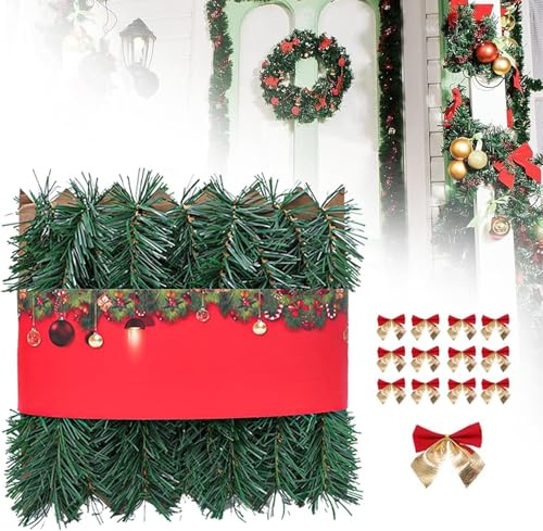 Guirnaldas navideñas 10m, No Iluminado Guirnalda De Pino Verde Artificial Guirnalda de Navidad Decoración de Navidad para Dentro y al Aire Libre con 45 Nudos de Mariposa Decoración