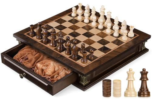 Peradix Juego de tablero de ajedrez magnético con 2 cajones de almacenamiento integrados, juegos clásicos de madera 2 en 1 de 12.6 pulgadas con 2 reinas adicionales para niños y adultos, juego de