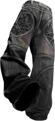 Juankrynord Jeans Larghi da Uomo con Stampa Hip-Hop Gotica, Jeans Larghi da Skateboard, Dritti Harajuku da Strada per Lavoro e Feste. (Nero,M)