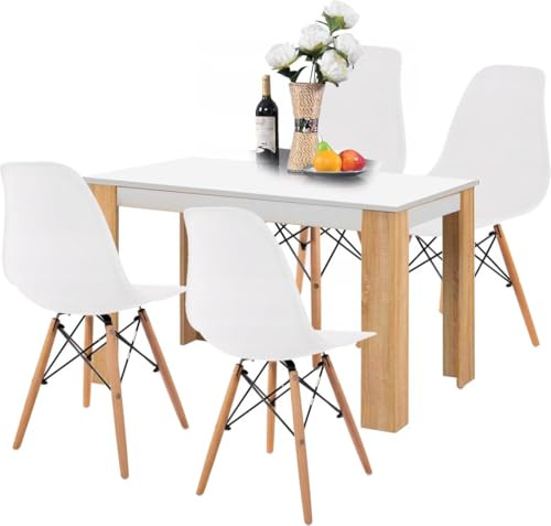GERMAN Essgruppe ALA – Esstisch 120x60 cm mit weißer Tischplatte & Sonoma-Eiche Beinen + 4 Polsterstühle in Schwarz aus Kunstleder – Moderner Esszimmer Set im skandinavischen Stil