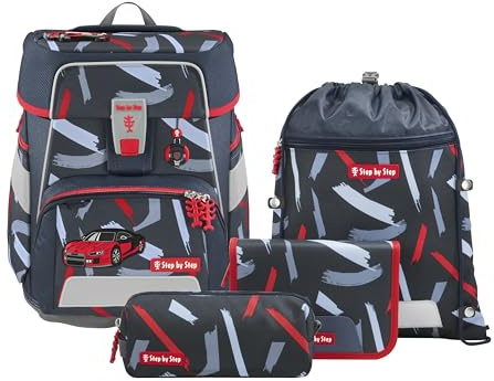 Step by Step Schulranzen-Set SPACE „Sports Car Mick“ 5-teilig, grau-rot, Auto-Design, ergonomischer Tornister mit Reflektoren, höhenverstellbar mit Hüftgurt für Jungen ab der 1. Klasse, 20L
