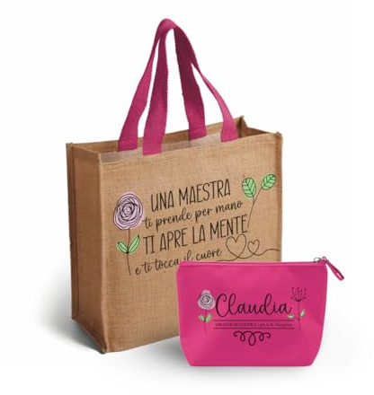 Generico Set Regalo Maestra, Borsa Juta con Pochette Rosa, Design Floreale Italiano, Coordinato da Mare e Spiaggia con Scritta 'Una Maestra ti Prende per Mano', Regalo Fine Anno Scolastico