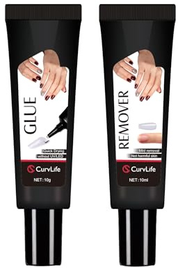Curvlife Newly Upgraded Quick Drying 10g Semi Solid Nail Glue with 15ml Remover for Press On Nails Tips No Need for UV Lamp Long Lasting Fake Acrylic Nails Kit Glue Gel