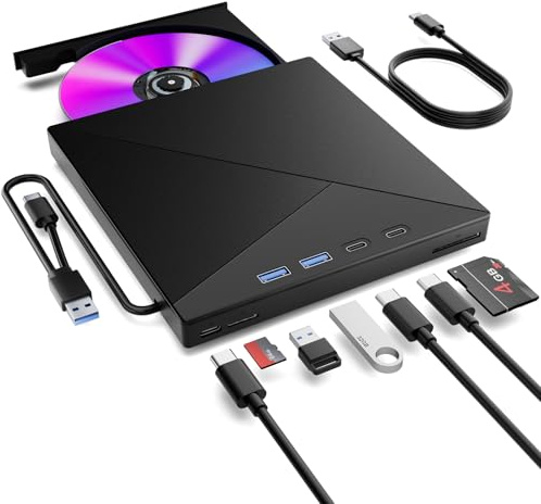 Lettore CD DVD Esterno per PC, Masterizzatore DVD CD Externo, USB 3.0 Type C Lettore CD Esterno con 4 Porte USB e Lettore di Schede TF/SD per Laptop/Desktop/Windows 11/10/8/7/XP/Vista/Linux