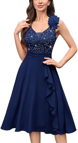 MIUSOL Women's Stylish Double V-Neck Sleeveless Lace Floral Bridesmaid Prom Swing Dress