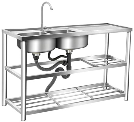 120 x 45 x 80 cm fristående diskbänk i rostfritt stål med dubbelbassäng, gastro-köksvask med 2 bassänger och 360° vattenkran, 3 nivåer diskbänk med 100 kg bärkapacitet, för restaurang, camping och