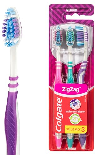 Colgate Zig Zag Medium Manual Toothbrush - Multi Angle Cross Bristles with Flexible Neck For Gum Comfort - 3 Count (Pack of 1)