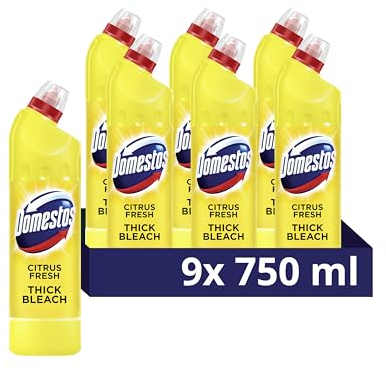 Domestos Citrus Fresh Thick Bleach disinfectant that eliminates 99.99% of bacteria and viruses* unstoppable limescale prevention 9x 750 ml