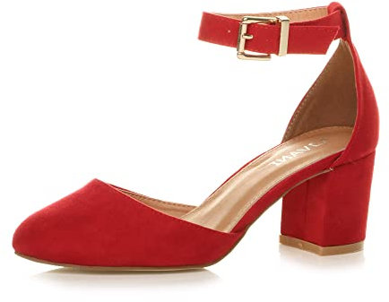 Ajvani Womens Ladies Low mid Block Heel Ankle Strap Court Shoes Sandals Size, Red Suede, 6 UK