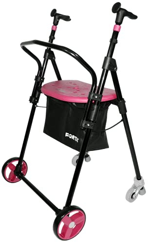 Andador para Ancianos, de acero plegable, con Frenos traseros, con Cesta Asiento y Respaldo, color Coral