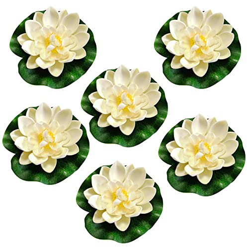 6 unidades de nenúfar flotantes,flor de loto,nenúfar artificial, decoración de espuma, rosa de estanque, nenúfar flotante, flor de loto, para acuario, terraza, jardín, piscina, estanque,color blanco