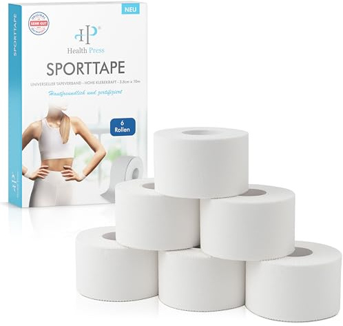 Health Press Sporttape - 6 Tape Rollen (3,8cm x 10m) - Sporttape weiß - reißbares Profi Sport Tape - Sport Tapeverband für alle Sportarten