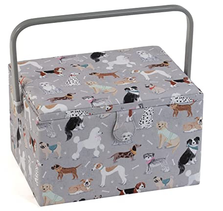 Hobby Gift Esclusiva grande scatola da cucito, scatola portaoggetti artigianale, vassoio per accessori, puntaspilli, manico in PVC, 23,5 x 31 x 20 cm, cani grigi