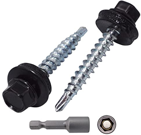 SKIR'CO (20 st) Metalltakskruvar, 4,8 x 35 mm målade självborrande skruvar med EPDM-brickor, sexkantshuvud (Jet Black RAL 9005)