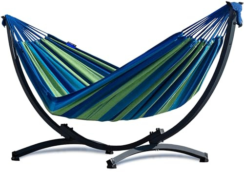 Hamac de Jardin avec Cadre en Acier - Hamac 200x120 - Capacité de Charge 120 kg (Vert-Bleu)