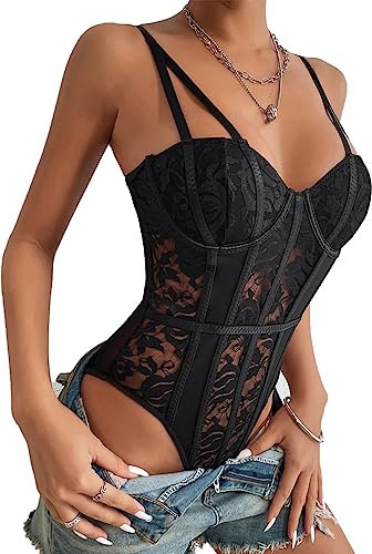 Rongseng Body Damen Sexy Floral Spitze Mesh Bodysuit Transparenter Spaghettiträger Ärmellos Bodys Slim Jumpsuit Elegant Netz Unterziehbody Blusebody Mode Rückenfrei Oberteil Schmal Cami Top Clubwear