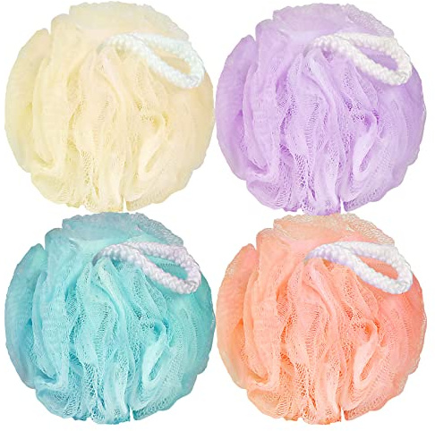 FARMOGA Bath Loofah Sponge Body Scrubber Shower Sponge Exfoliating Mesh Pouf Shower Ball Bath Sponges for Women and Men Bathing Accessories (4Pack 50G Colorful)