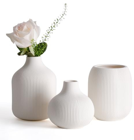 Dnnnii Modern White Ceramic Vase Set of 3 by Ribbed Texture, Perfect for Neutral & Transitional Home Decor - Decorative Minimalist Vases Collection - Small Ceramic Vases for Aesthetic Touch