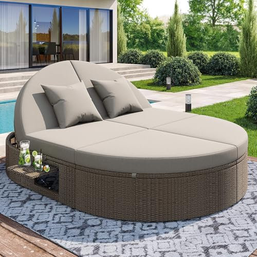 DRIXNO Rattan Doppel-Liege, Outdoor Daybed, Gartenliege mit seitlichem Regal, Sonnenliege Doppelliege 2 Personen Klapptisch, Garten Relaxliege, Rattan Liege, Individuell Einstellbarer Winkel Sofa