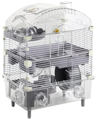 LOOBMBNS Multilevel Hamster Cage Starter Kit 18″Lx11″Wx23″H for Dwarf Hamster Under 3″ in Length with Platforms, 3 Tube Ports, Bathtub, Food Bowl, Steps, 2 Exercise Wheels, Doors, House, Water Bottle