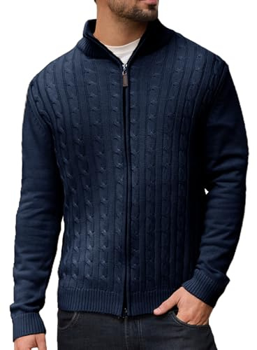 Les umes Cardigan Homme à Fermeture Éclair Pull Tricot Câblé à Col Debout Cardigan Chaud en Coton Détendu