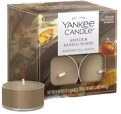 Yankee Candle Amber & Sandalwood Tea Light Candles, Premium Plant Wax Scented Tealights, 12 Count, Beige, Up to 5 Hours Burn Time, Natural Fiber Wick, 0.44 oz Each