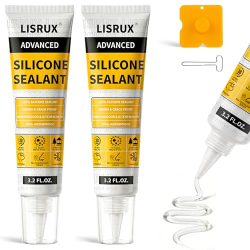 LISRUX Advanced Clear Silicone Caulk for Kitchen & Bathroom - 2 Pack (3.2 Fl Oz Each) | 100% Waterproof Silicone Sealant | Super Strong Adhesion, Shrink & Crack Proof