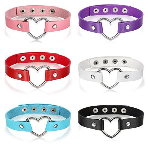 JewelryWe Schmuck 6pcs Set Damen Choker Halsband Halskette, Leder Legierung 33-40cm Erstellbare Punk Lolita Herz Collier Kette, 6 Farben