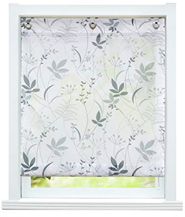 ESLIR - Tenda a pacchetto senza fori, con occhielli, trasparente, con ganci a U, moderna, colore bianco, stampa con foglie, 80 x 140 cm (larghezza x altezza), 1 pezzo