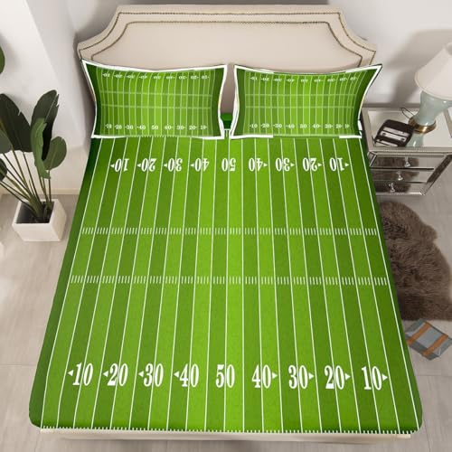 Erosebridal Soccer Field Bedding Set, American Football Fitted Sheet Twin for Kids Boys Girls Teens, Sports Games Theme Sheet Set Green Natural Grass Bed Cover for Child's Dorm Room(No Top Sheet)