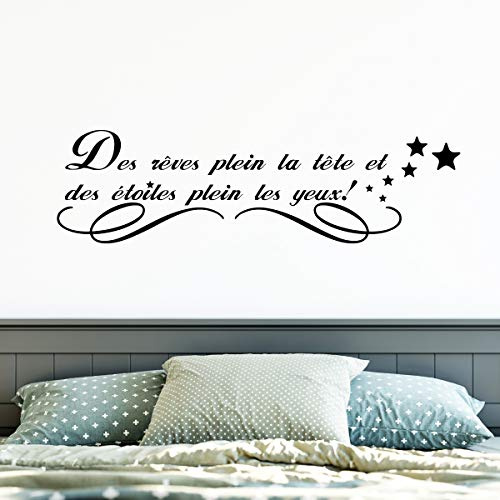 Sticker adhésif Mural Citation noir| Sticker Autocollant Phrase Des rêves plein la tête... - Décoration Murale | Imperméable/Amovible - 25 x 75 cm, Reves