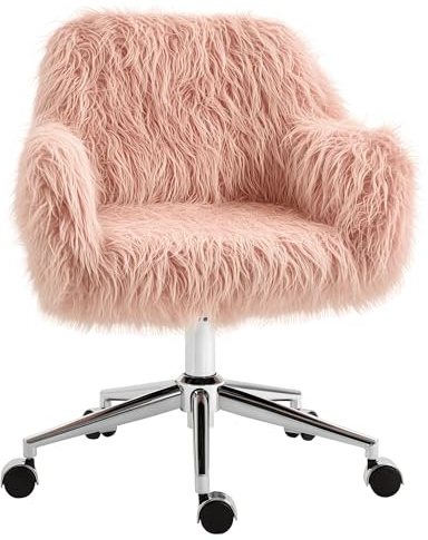 Vinsetto Chefsessel Drehstuhl Computerstuhl Schminkstuhl mit Kunstfell Sitzhöhenverstellung für Mädchen Kunstpelz Schaumstoff Rosa+Silber 57 x 60 x 75-85 cm