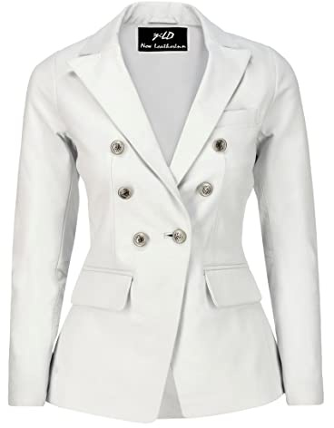 Jild Double Breasted Fancy Buttons Lambskin Leather Blazer Women - Kim Kardashian Long Sleeve Coat Style Leather Jacket Women (FC-White-L)