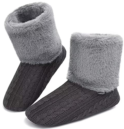 GURGER Män kvinnor toffelstövlar plysch fleece tossor tofflor vinter varma fodrade husskor inomhus inget ljud halkfri gummisula, U2 Grå, 38/39 EU