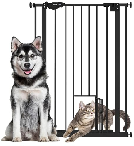 PawHut Extra Tall Dog Gate with Cat Door Auto Close for Stairs 74-80 cm Wide