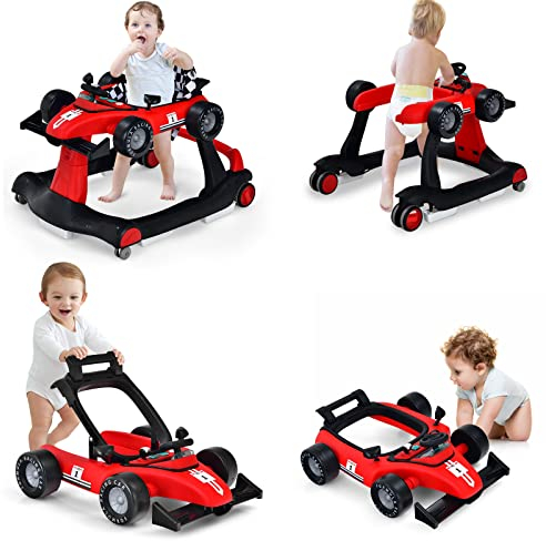 LIFEZEAL 4 in 1 Lauflernhilfe Baby, Höhenverstellbares & Klappbares Babywalker, Baby Gehfrei ab 6 Monate, Laufwagen mit einstellbarer Geschwindigkeit, Licht & Musik (rot)