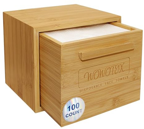 WOWOTEX Luxe Bamboo Towel Container with Disposable Face Towel Biodegradable Large Dry Face Wipes 100 Count Extra Thick Soft Clean Facial Towels for Facial Cleansing, white